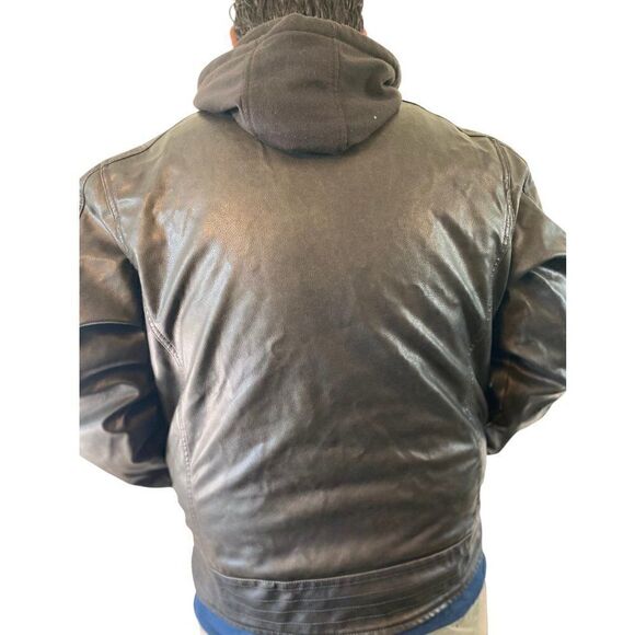 NWT Mens Pleather Moto Bomber Sherpa Lined Dark Brown Jacket - Picture 4 of 11